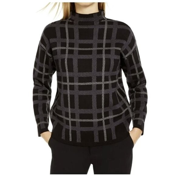 Anne Klein Long Sleeve Black Plaid Mock Neck Sweater Top NEW - Picture 1 of 9